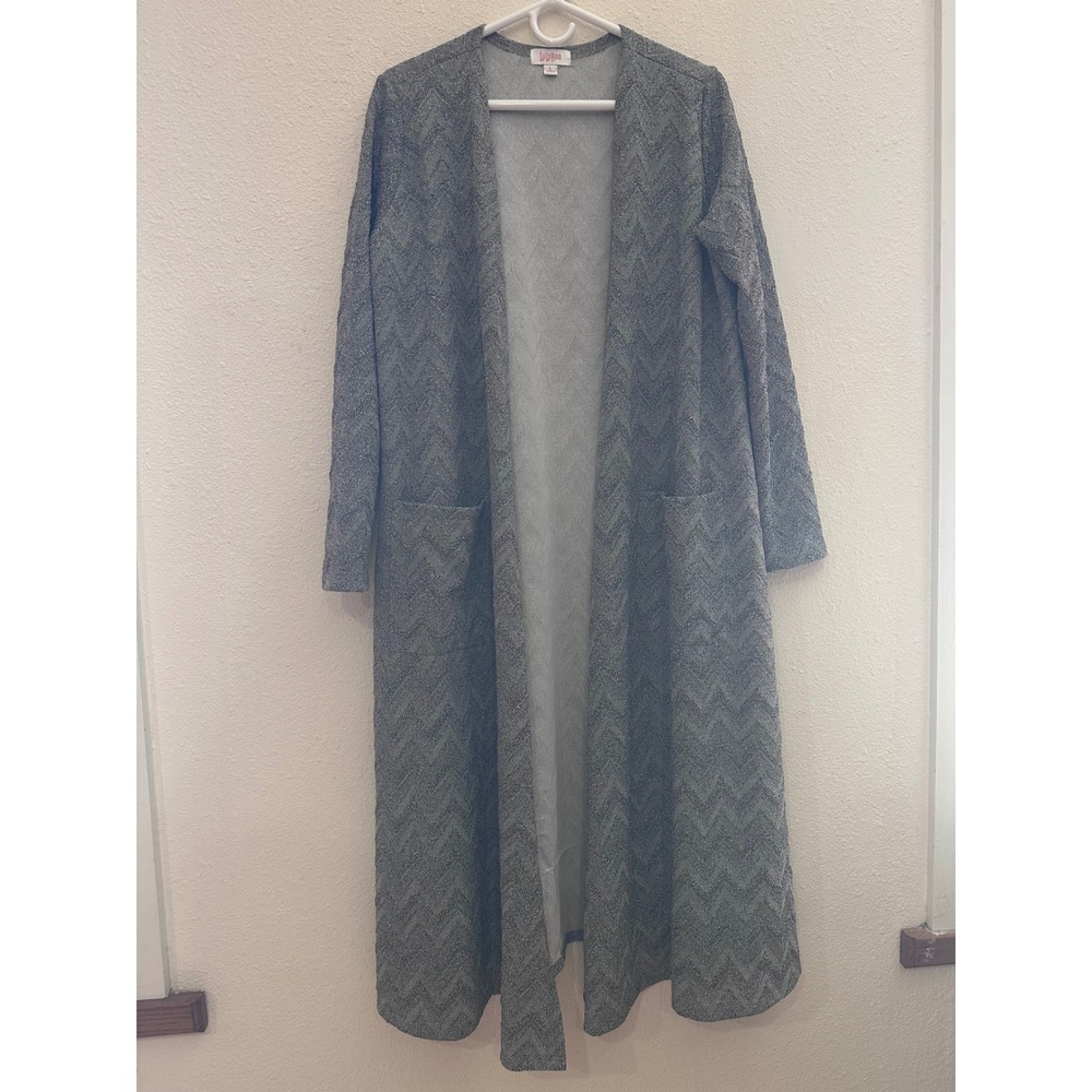 LuLaRoe Sarah Duster Cardigan Large Grey Metallic Silver Chevron Open Front Knit